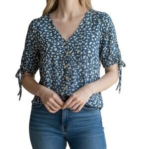Rails Blue Daisy Floral Amelia Blouse Button Front Cropped Top Medium